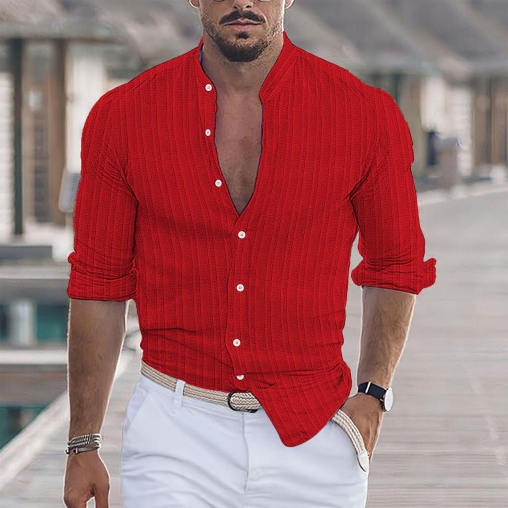 Cămașă de in ușoară pentru bărbați, casual, cu nasturi, cu mânecă lungă, textură de lucru, tricou simplu, top pentru vacanță la plajă