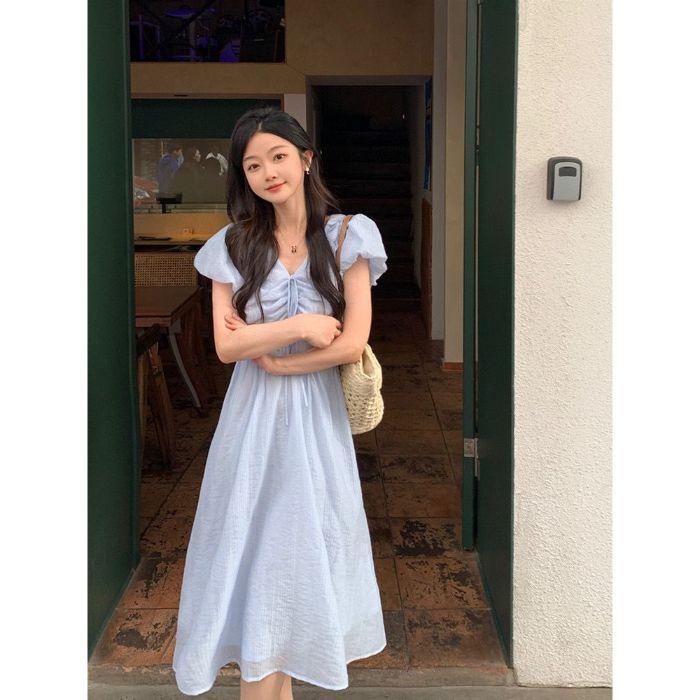 

Sasuo s small French V-neck bubble sleeve dress, new waist and thin milk blue super fairy A-shaped skirt 3XL синій