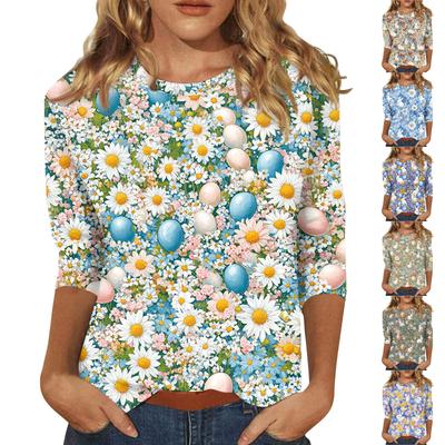 Damenoberteile Dreiviertelarmshirt Rundhalsausschnitt Lockeres Freizeitshirt Druck T-Shirt