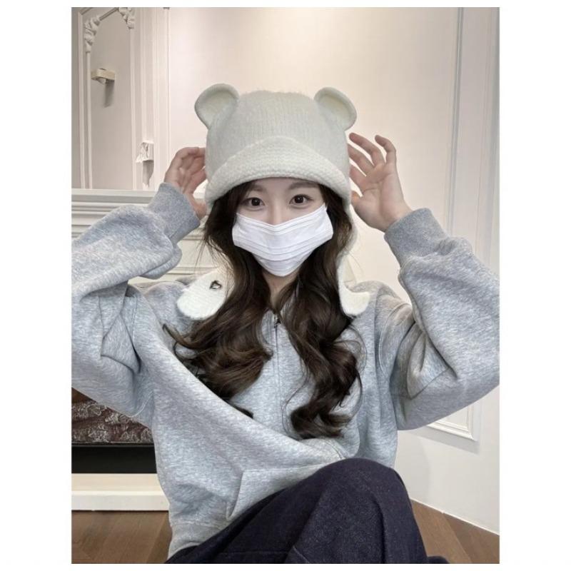 New bear knitted hat fashionable lazy style cute bear ears versatile wool ear protector headgear autumn and winter hat women