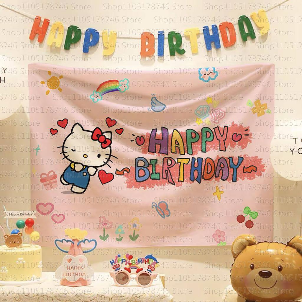 Kawaii Anime Hello Kitty Happy Birthday Wall Hanging Tapestry Cute Fashion Bedroom Background Home Decor Original Tapestries
