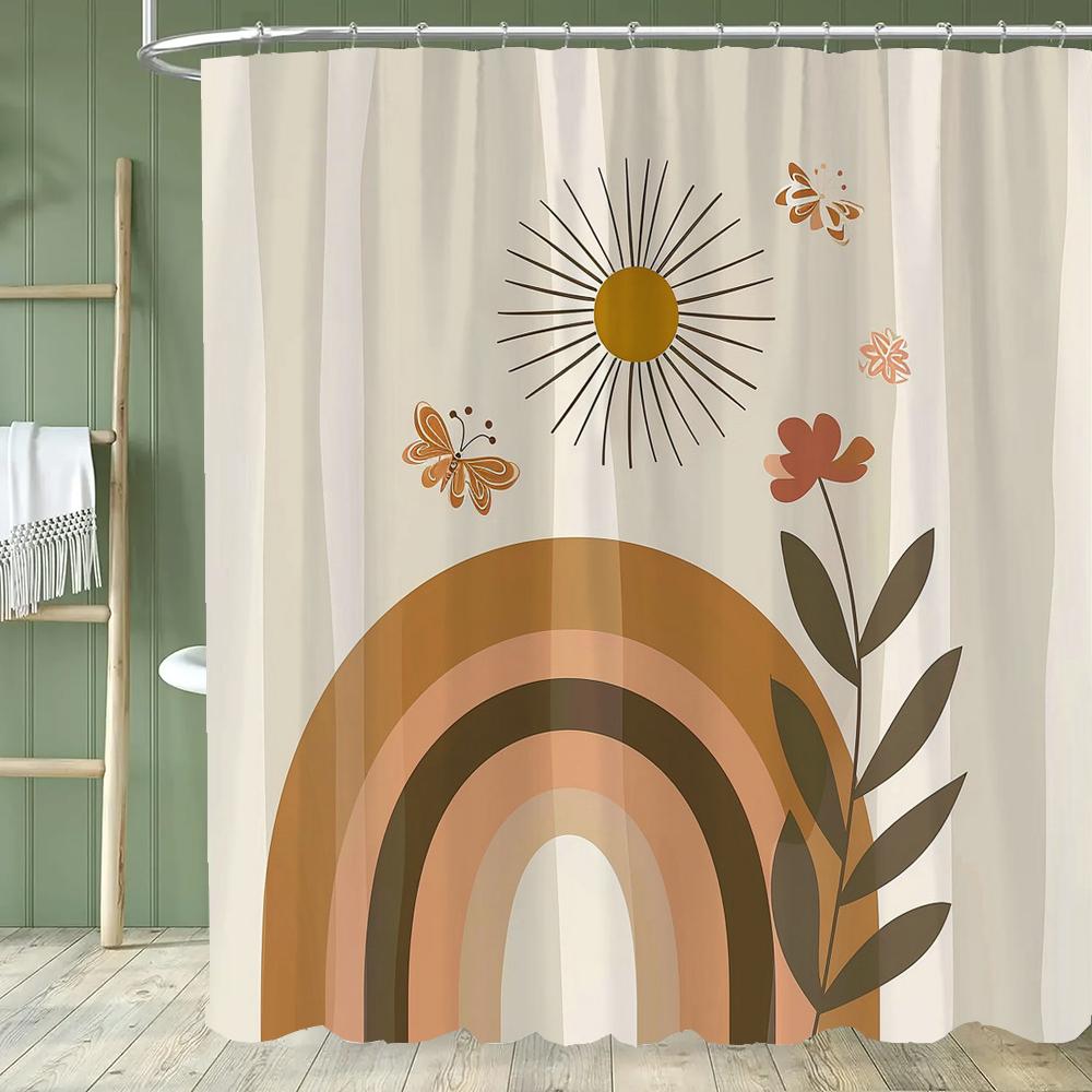 Boho Abstrakt Cartoon Regenbogen Muster Duschvorhang, Moderner Minimalistischer Badezimmer Vorhang, Heimdeko Vorhang Mit Haken