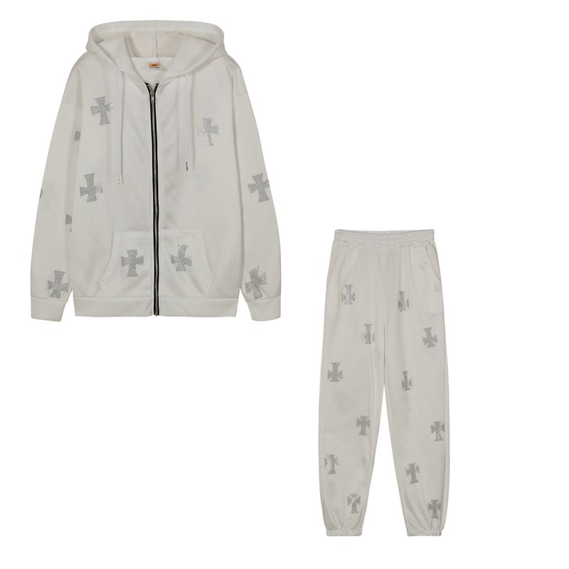 Zipper Pocket Cross Rhinestone Sweater Pants Drawstring
