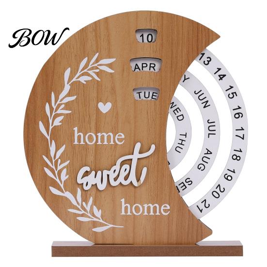 Natural Wood Perpetual Calendar Wooden Calendar, Manual Rotating Desk for Home Office Creative Gift Decor, Date Month Week Display Desktop Ornament