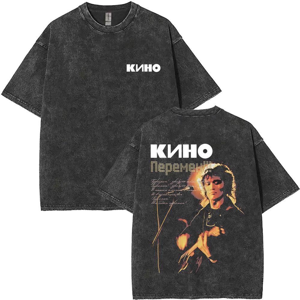 Washed Vintage Kino Viktor Tsoi Graphic T Shirts Men Women Casual Cotton Oversized Tshirts Mens Classic Rusian Rock Streetwear
