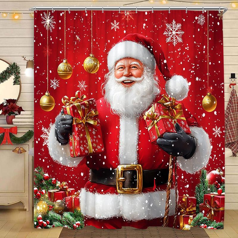 Christmas Shower Curtains Funny Santa Claus Xmas Tree Fir Branch Red Berry Birds New Year Fabric Bathroom Decor Bath Curtain Set