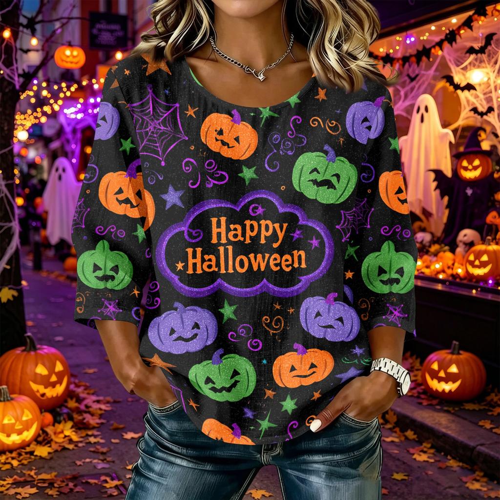 Women's Casual Halloween Print Round Neck Three Quarter Sleeve Linen Cotton Blend Top Comfortable Loose Fit Autumn Shirt