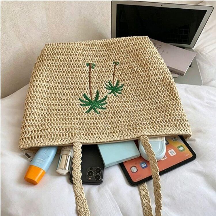Palm tree embroidered straw tote bag handbag