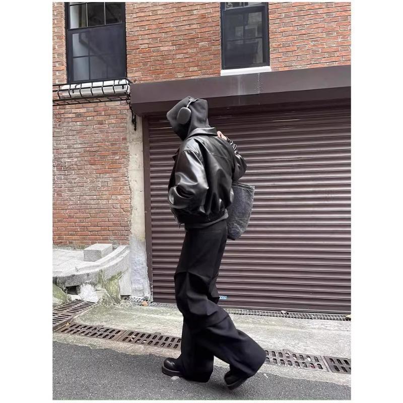 Mens Black Loose Turn Down Collar Motorcycle Leather Jacket Casual Outerwear