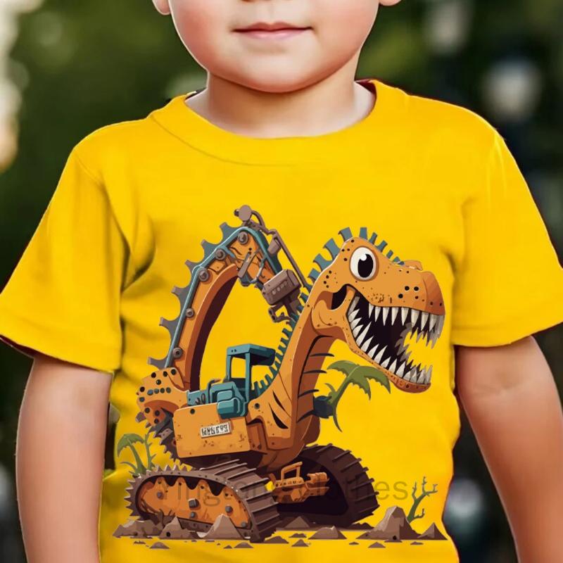 Summer Boys' Fashion Short Sleeve Dinosaur Excavator Element Print Outdoor Casual Top