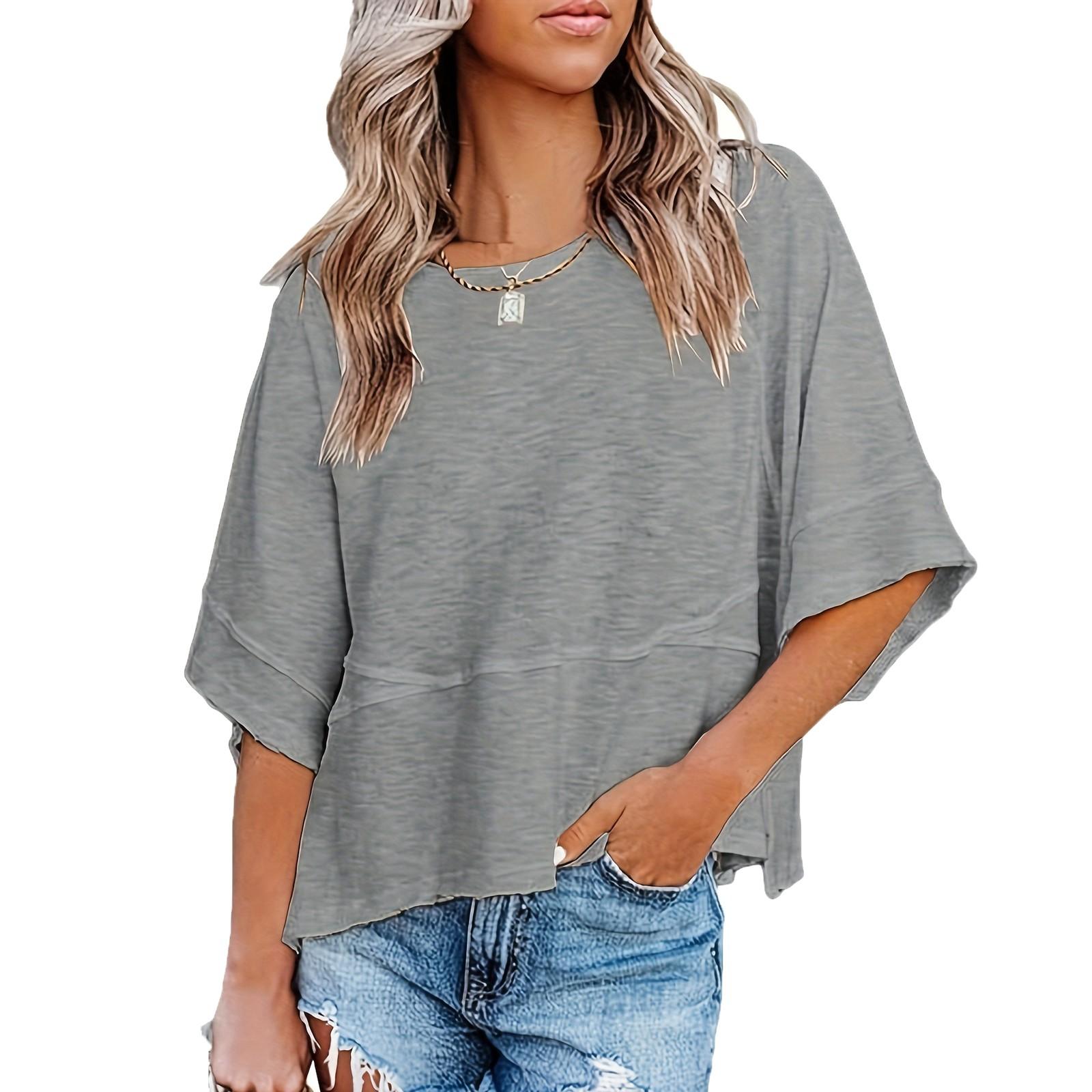 

Women s Patchwork Color Round Neck Three-quarter Sleeve Pagoda Sleeve Loose T-shirt XL