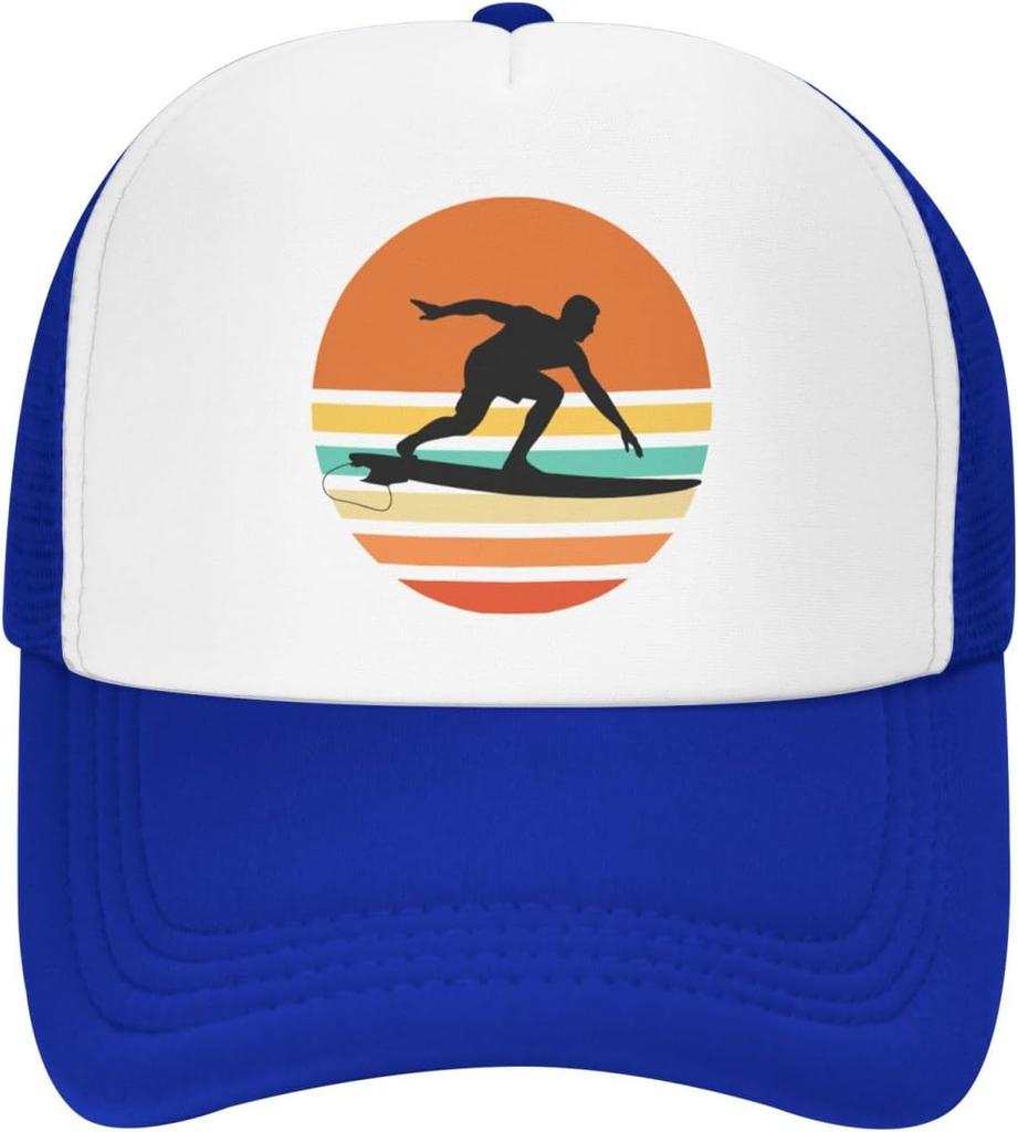 Surfer Sunset Retro Graphic Trucker Hat Polyester Mesh Adjustable Snapback Outdoor Sports Cap for Men Women