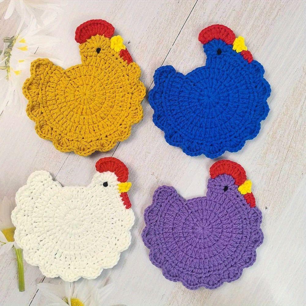 Cute Handmade Crochet Coaster Cartoon Design Soft Fabric Drink Cup Pads Heat Resistant Chicken Themed Woven Cup Mat Kitchen Use