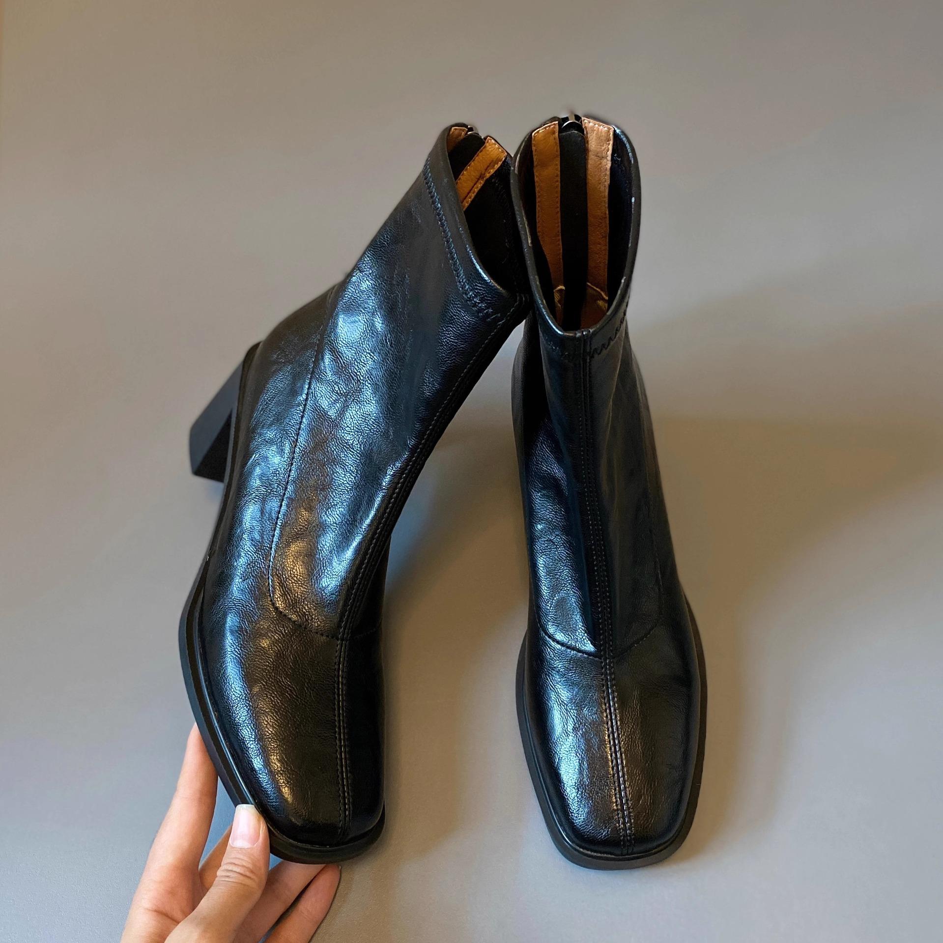 

2025 new square head retro thick heel elastic thin boots women s high heel commuter short boots spring and autumn single boots Martin boots 34