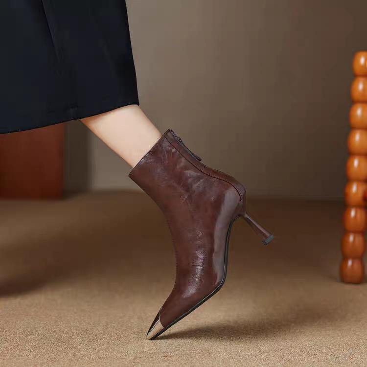 Fall/Winter 2026 New French Metal Pointed Toe Block Heel Skinny Boots Ankle Boots Women s High Heel Booties 34 темно-коричневого