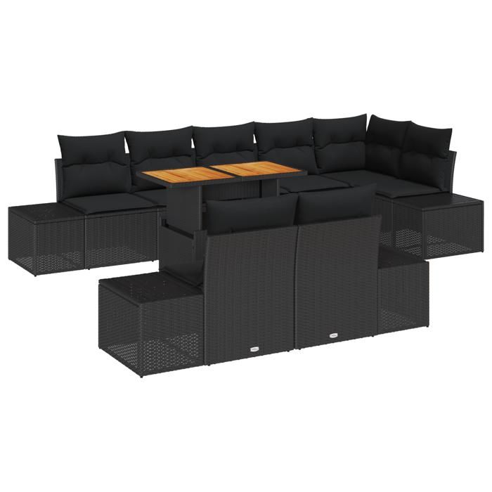 VidaXL Ensemble 9 pièces avec coussins Noir Poly Rattan Acacia 3349981