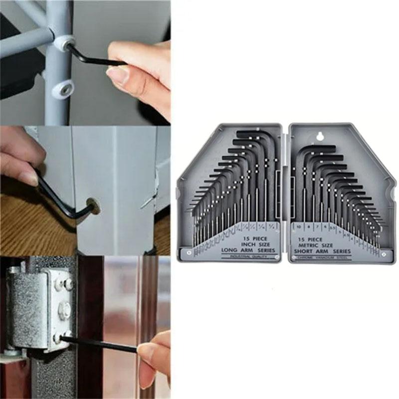 30Pcs Hexagonal Wrench Tool Set SAE & Metric Allen Wrenches L-Shaped Chrome Vanadium Steel Mechanical Hand Tools Screwdriver Kit