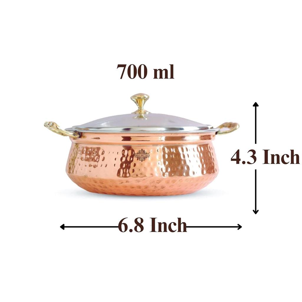 Steel Copper Hammered Design Handi/Bowl/Casserole with Toughened Glass Lid & Brass Knob & Handles, Volume-700 ml, Pack of 4