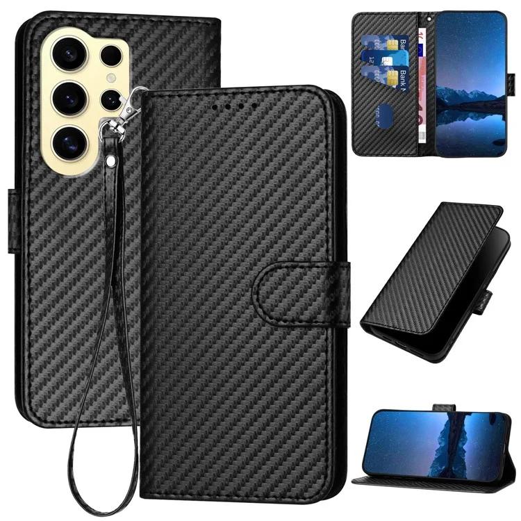 

YX0070 For Samsung Galaxy S24 Ultra Case Wallet Leather Phone Cover Carbon Fiber Texture - Black