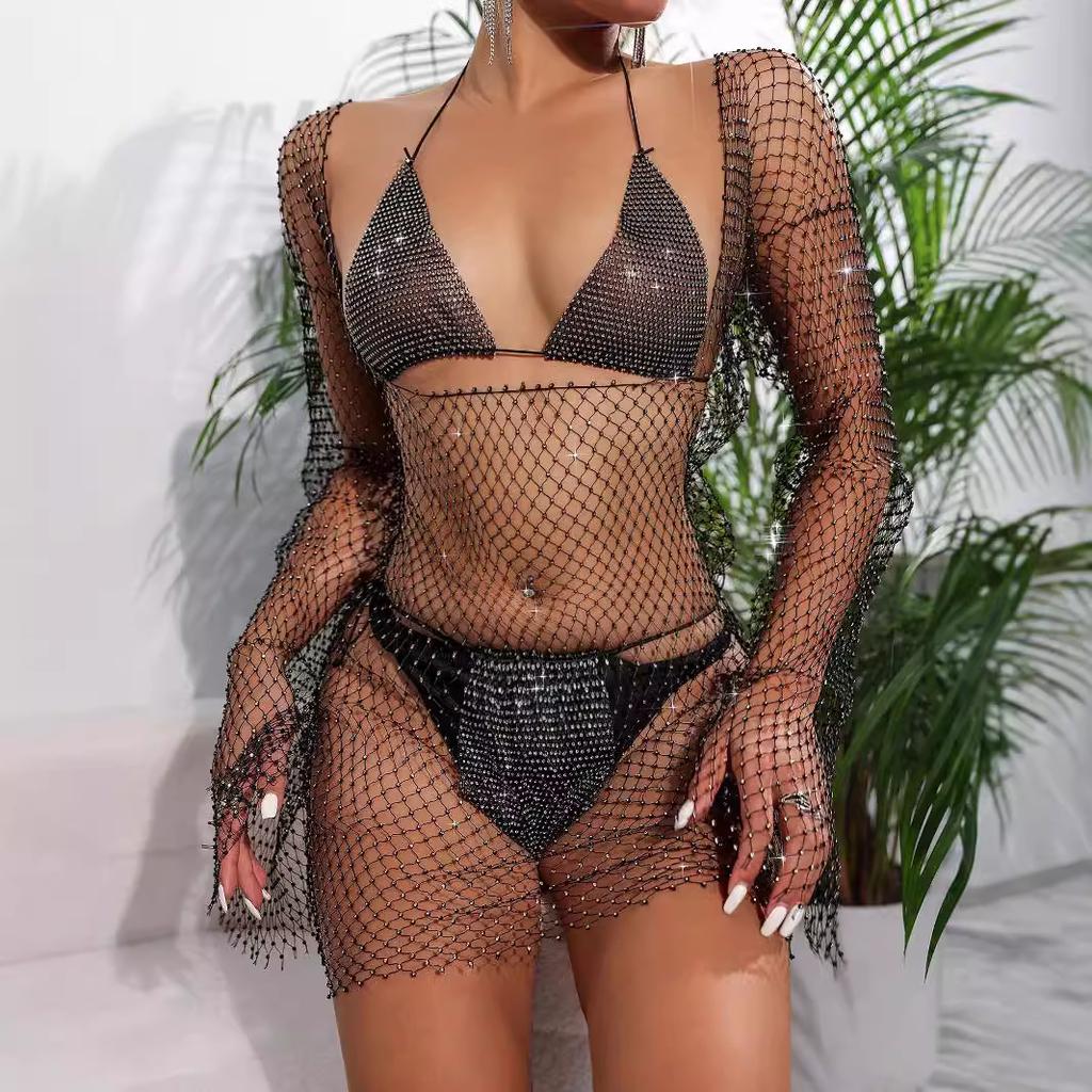 Φόρεμα Rhinestone Fishnet φούστα Sexy Skinny Bikini με Three Piece Spice Girl Beach Φόρεμα σεξ