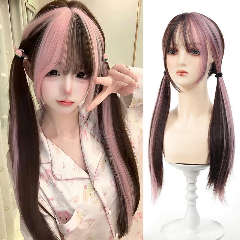Peach Mist Twins Croissant Wig - Women s Long Straight Japanese Lolita Wig with Black and Pink Double Ponytails