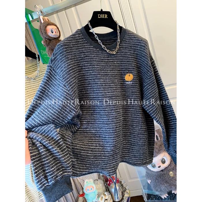 Korean Style Embroidered Pumpkin Stripe Long Sleeve Women's Plus Size Casual Top