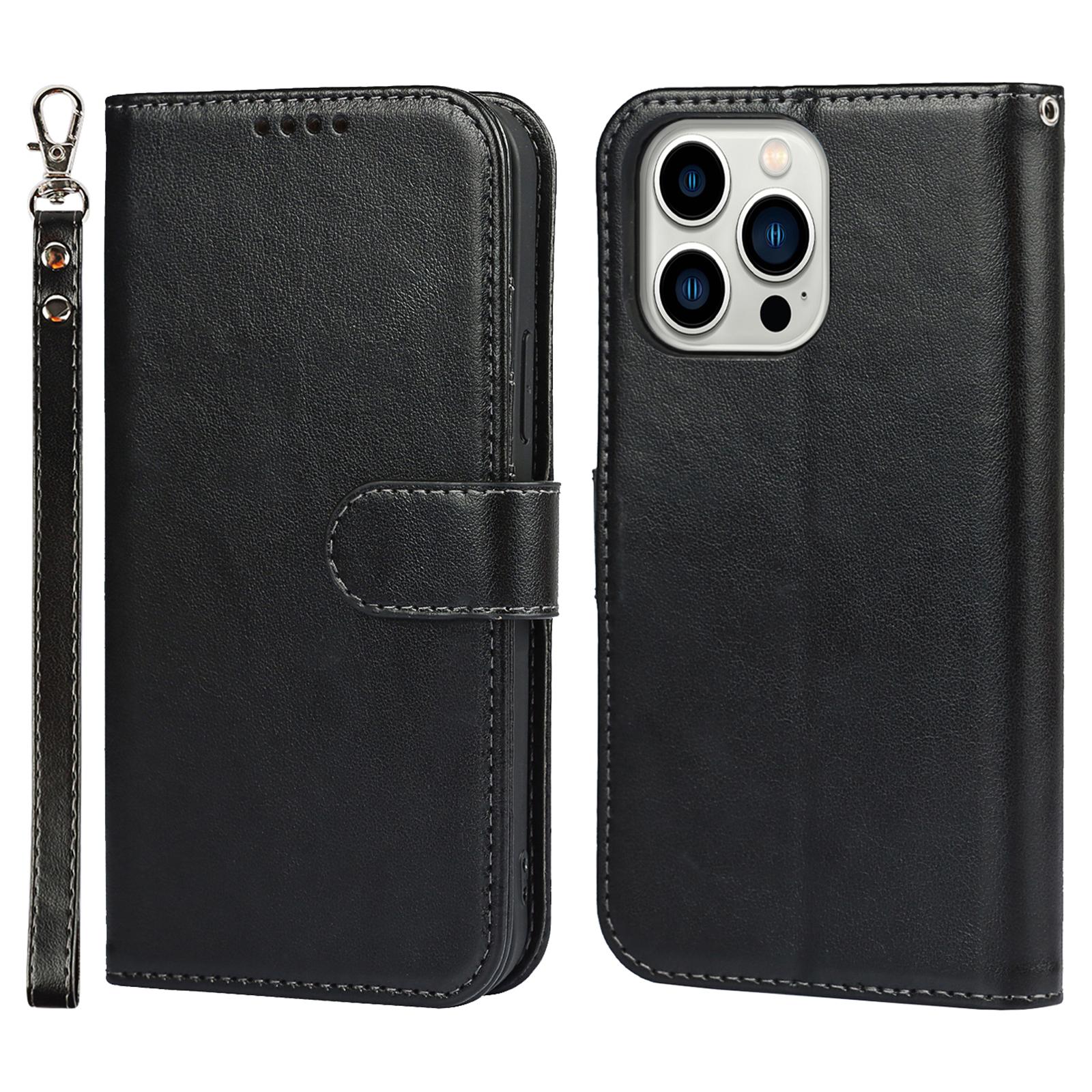 

Кожаный чехол для телефона iPhone 14 Pro, текстура R61, прошитый шов, чехол для телефона с подставкой-кошельком Black