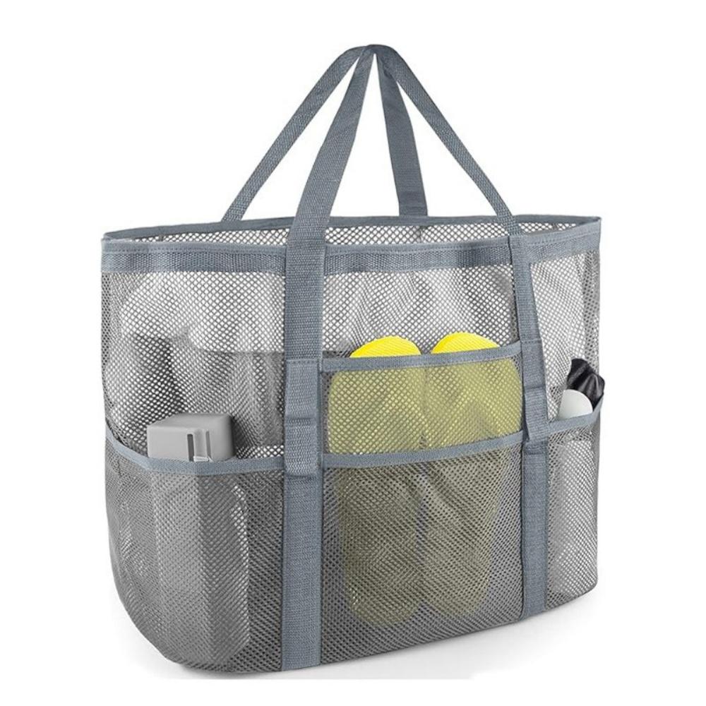 Borsa da Spiaggia Multifunzione in Rete Borsa Tote Portatile per Cosmetici con 9 Tasche Borsa da Viaggio per Asciugamano Articoli da Toeletta Organizzatore