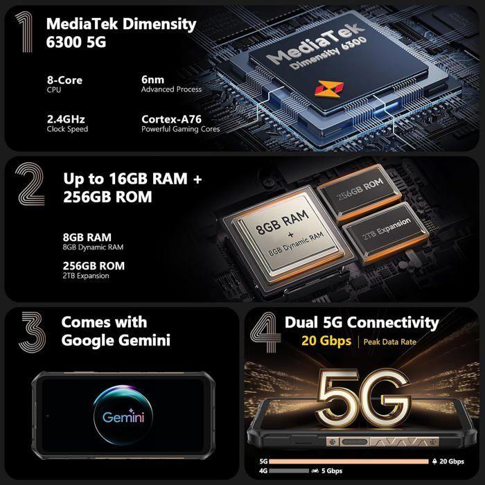 Smartphone Robuste 5G Ulefone Armor X16 Pro 16GO+256GO 6.56" 10360mAh 64MP Telephone Portable Incassable Android 15 NFC/GPS/AI Or