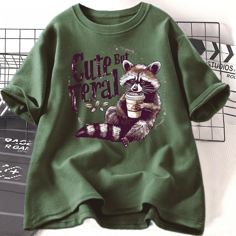 Funny Racoon Cute But Feral T Shirt Women Funny Opossum Tee Retro Animal Meme Tshirt Cotton Short Sleeve Clothing Female Tees
