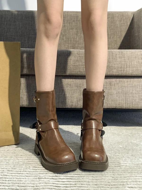 Women Platform Shoes  Simple Retro Western Cowboy Boots Square Toe Thick Heel Soft Soled Comfortable Knight Biker Boots