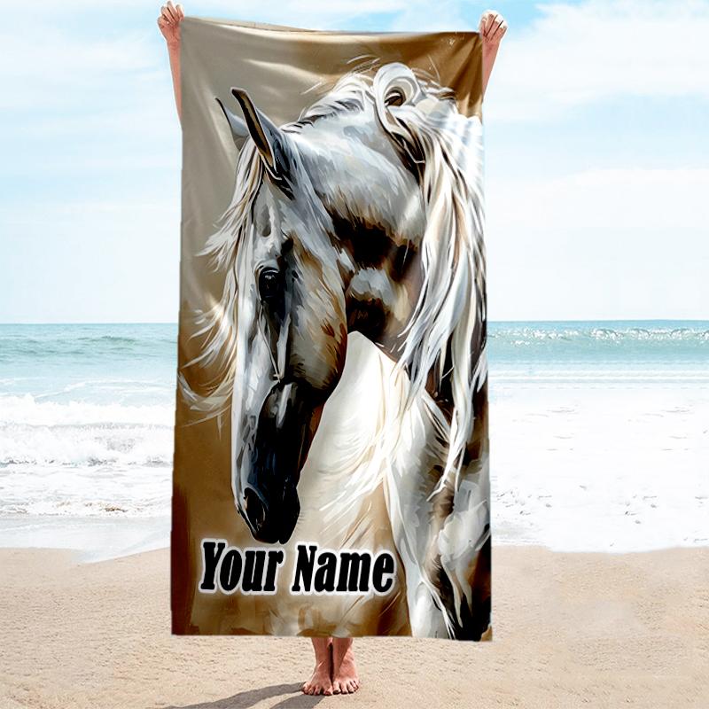 1PC Custom Name Elegant Horse Portrait Beach Towel Highly Absorbent And Sand-Resistant Towel for Swimming, Pool, Yoga, And Travel Lightweight