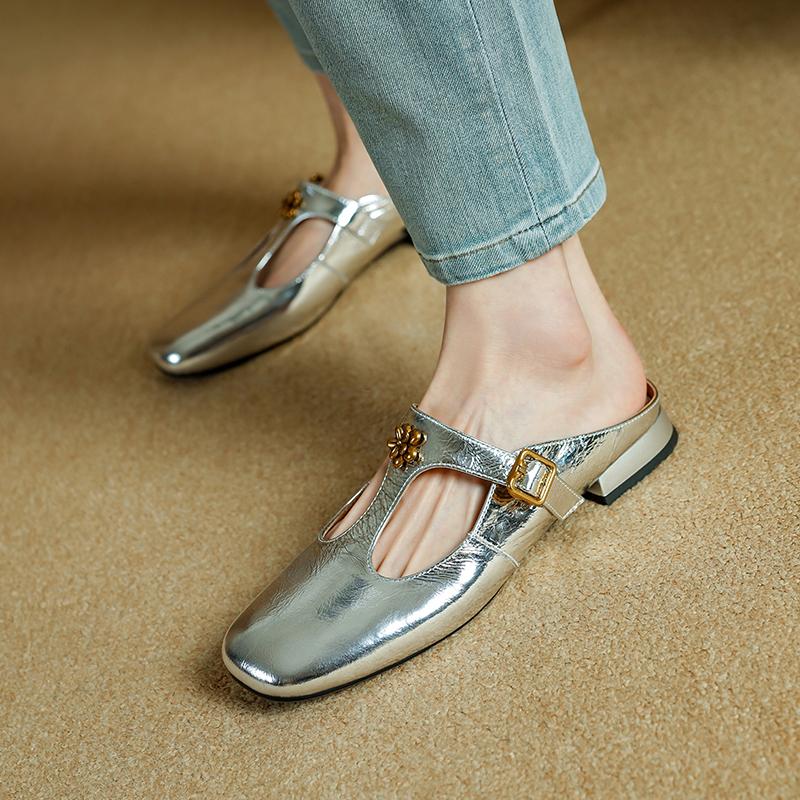 Fashion 2025 New Summer Women Mules Genuine Leather Women Shoes Square Toe Chunky Heel Sliver Women Sandals Low Heel Modern Slippers