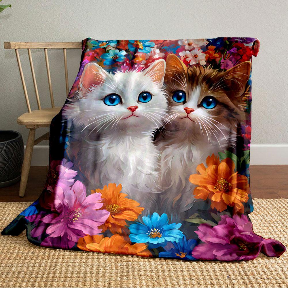 Two Cute Kittens in Flowers for all seasons blanket lunch break throw gift