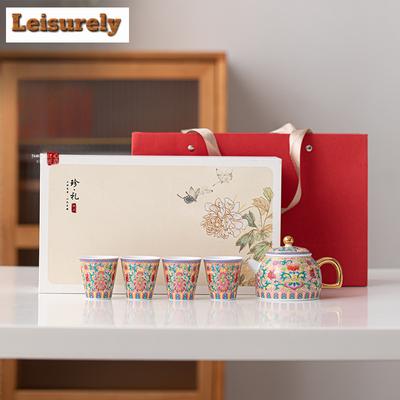 Servizio da tè floreale colorato in smalto cinese Set completo Teiera di lusso Set da cerimonia del tè Teiera e tazza da tè Set da tè Regalo