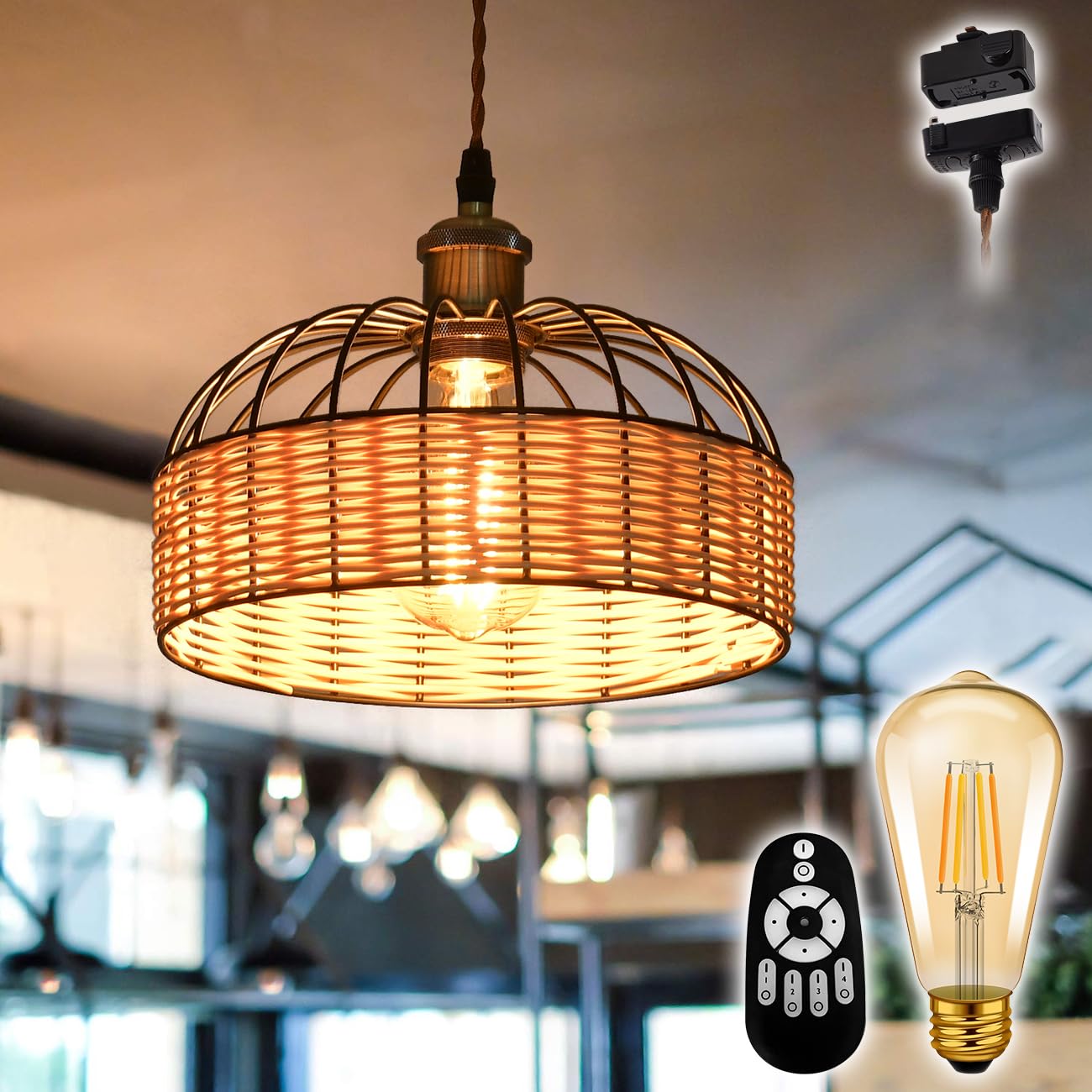 

LVWIT pendant light with an E26 base, 25cm diameter, hook-mounted, duct rail style, and ceiling plug, braided cover, includes an LED bulb, dimmable
