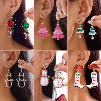 Cartoon Colorful Zircon Bell Christmas Tree Snowman Bowknot Dangle Earrings for Women Friends Romantic Christmas Jewelry Gifts