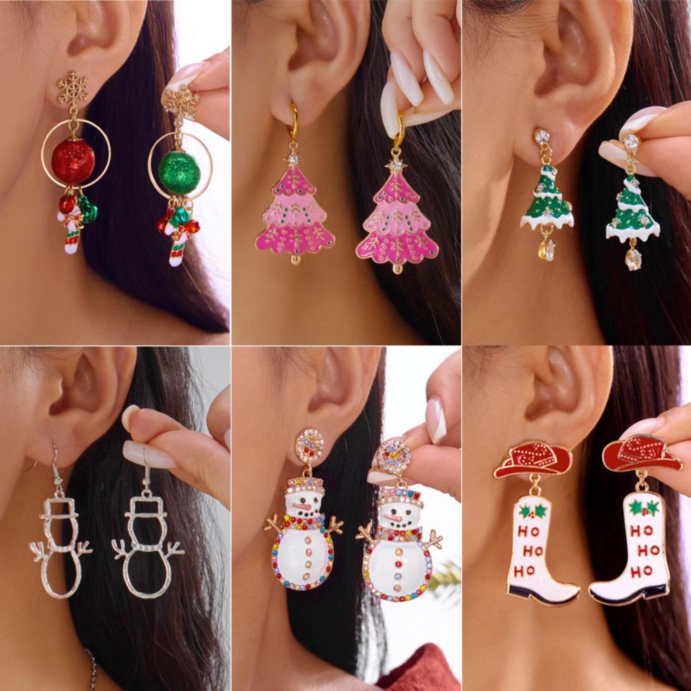 Cartoon Colorful Zircon Bell Christmas Tree Snowman Bowknot Dangle Earrings for Women Friends Romantic Christmas Jewelry Gifts