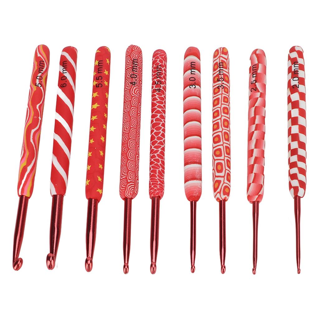 9pcs Crochet Hooks Differentiable Sizes Red Handle Ergonomic Grip Aluminum Material Knitting