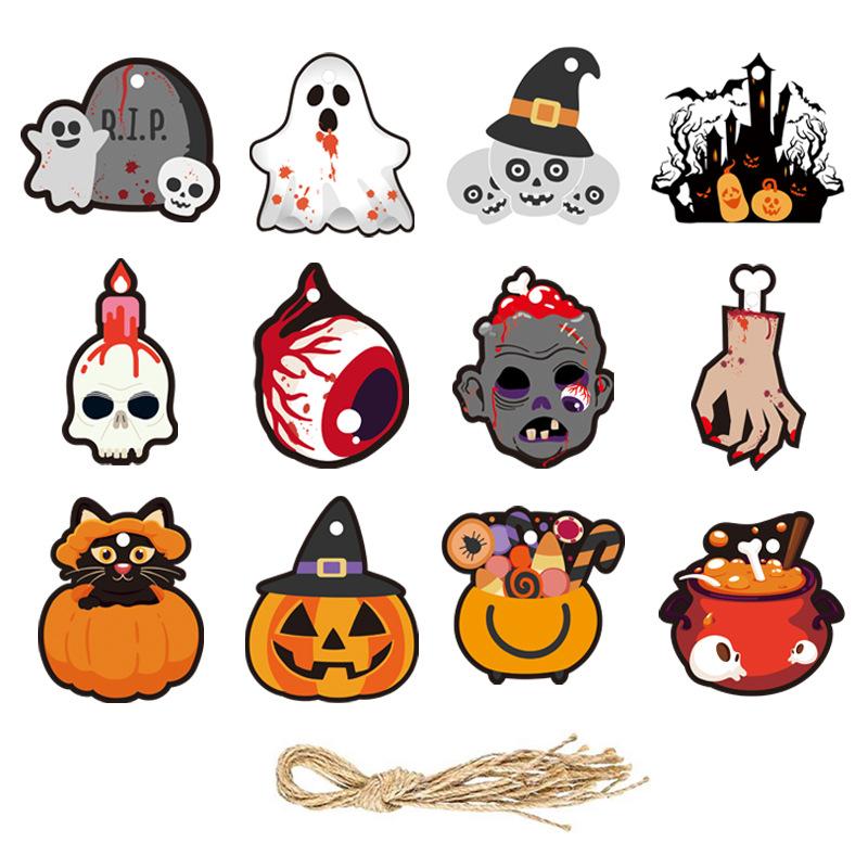 12pcs Halloween Decoration Tag, Pumpkin Ghost Skull Pattern Hanging Ornament for Gift Box Party Festival Scene Decoration