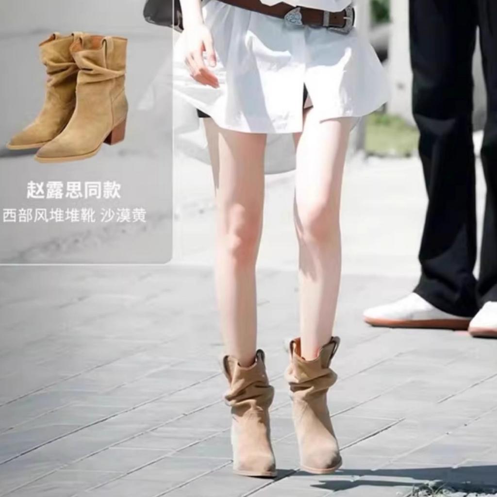 Cowhide version~ Western cowboy boots brown pointed head suede thin pleated stacking boots V-mouth thick heel medium tube short boots