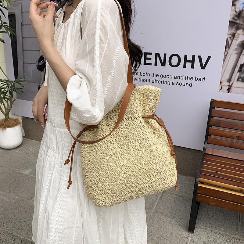 Casual Large-capacity Bag Women's New Drawstring Woven Seaside Vacation Beach Shoulder Bag