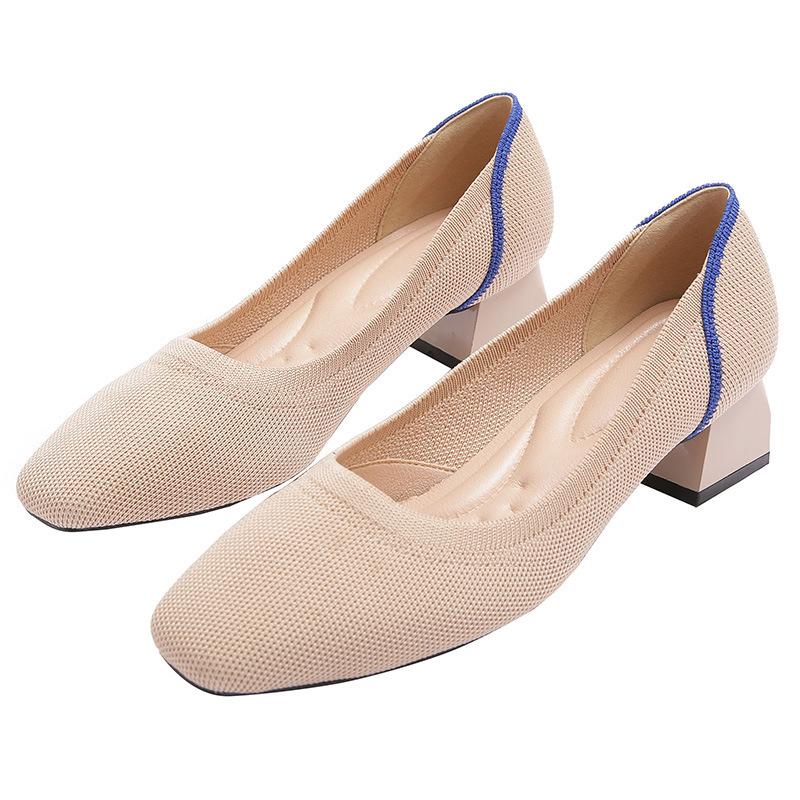 High Heel Square Head Single Shoes Women's Medium Heel Flying Weaving Leopard Print Women's Coarse Heel Comfortable Weaving High Heels