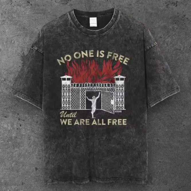 Mens Burning Prison Gate Oversized T Shirt Washed Black Y2K Streetwear S-3XL S