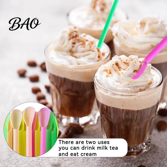 Pink Orange Yellow Green Straws 50/100Pcs Spoon Straw for Smoothie, 2 in 1 Disposable Smoothie Scoop with Spoon, Plastic Slush Milkshake Bubble