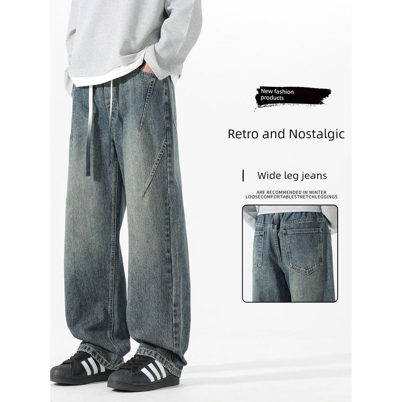 Foreign Trade Surplus American-Style Drawstring Wide-Leg Jeans for Men, Spring Trendy Brand Loose Straight High-Waisted Drapey Floor-Length Pants