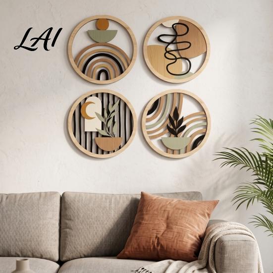 Natural Material Home Ornaments 4Pcs Boho Wooden Wall Art 2D Flat Round Hanging Signs Modern Geometric Wavy Circle Wood Decor Bohemian Plaques for