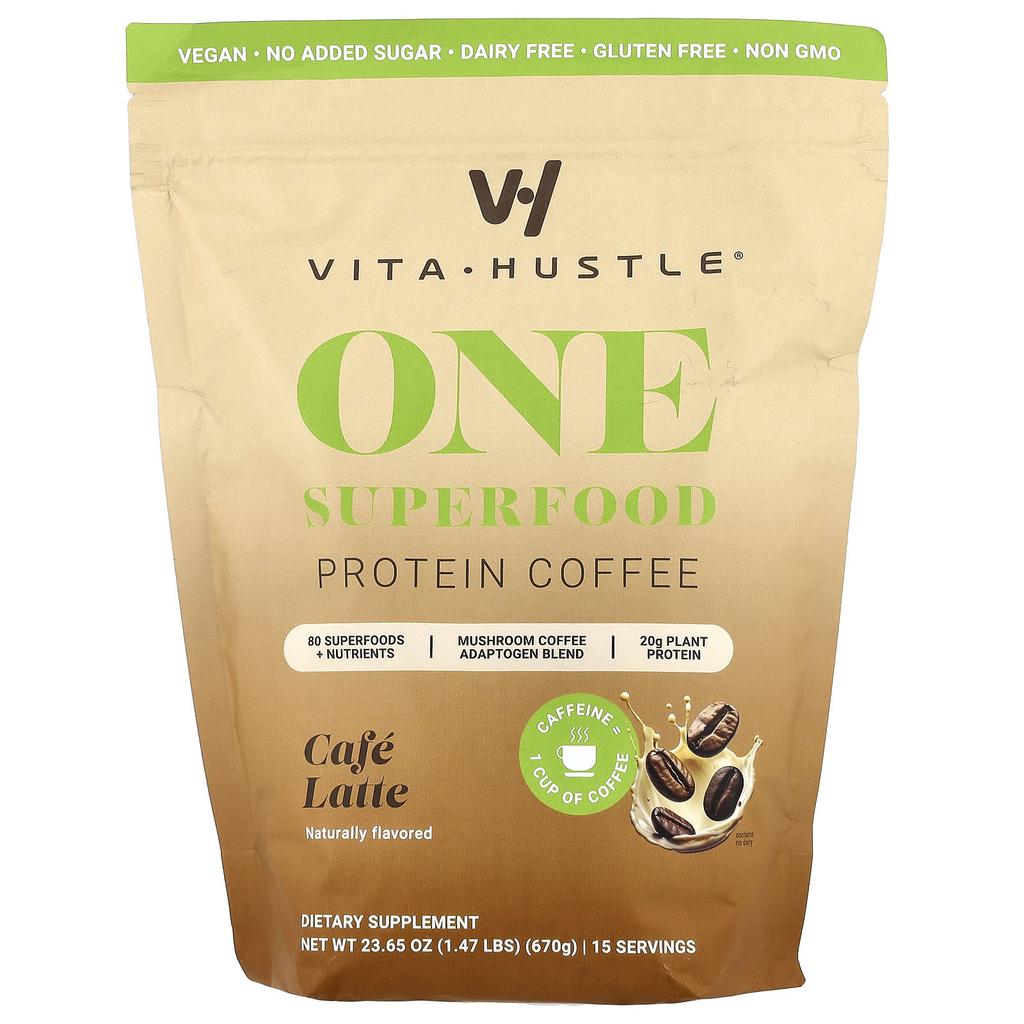 VitaHustle Superfood Protein Coffee, Café Latte, 670g (1.47lb)