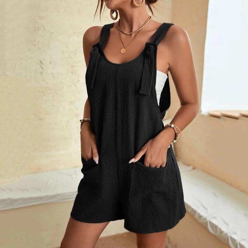 

Women s Casual Summer Short Rompers Loose Overall Solid Sleeveless Lace Up Wide Leg Pant Tie Knot Strap Jumpsuits with Pockets 3XL чорний