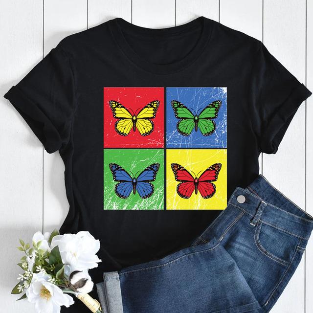 Butterfly Love Heart Print T Shirt Women Fashion Black T Shirt Female Short Sleeve Cute Graphic Tee Shirts Ladies Summer Tops